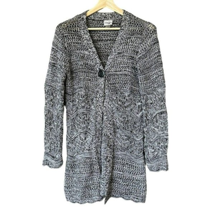Chico's Black White Crochet‎ Knit Long Open Front Cardigan Womens 1 (M)
